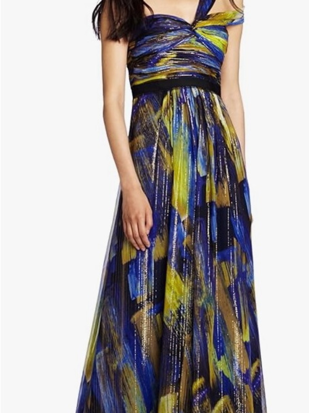BCBG One-Shoulder Maxi Dress in Blue and Yellow Abstract Print
